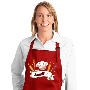 Personalized Unisex Red Baking Apron with Custom Name- Adjustable Red Baker Apron with 2 Pockets