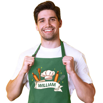 Personalized Unisex Green Baking Apron with Custom Name- Adjustable Green Baker Apron with 2 Pockets