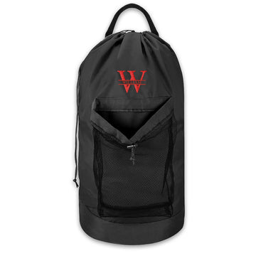 Split Monogram Embroidered Black Laundry Bag with Adjustable Strap and Mesh Pocket - for College & Travel