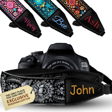 Personalized Embroidered Black Silver Woven Camera Strap -  Camera Strap for SLR/ DSLR