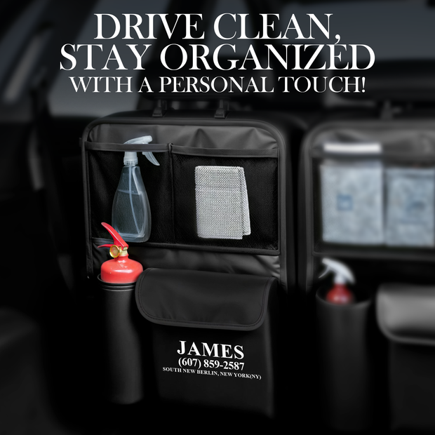 Car organizer with cleaning supplies and personalized name and contact information on a car interior background.