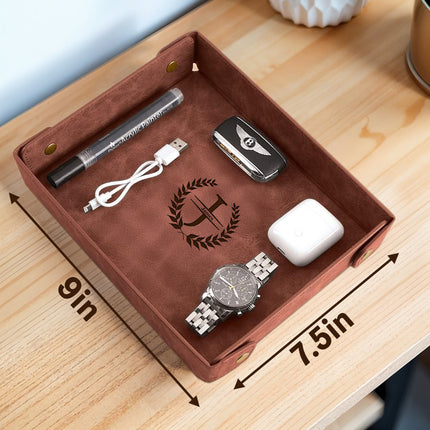 Engraved Leather Valet Tray for Men – Coffee