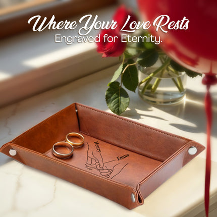 engraved leather tray with custom name personalized anniversary idea for him and her jewelry organizer tray for dresser desk nightstand