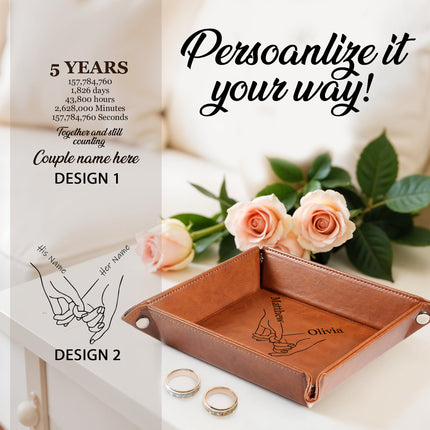 engraved leather tray with custom name personalized anniversary idea for him and her jewelry organizer tray for dresser desk nightstand