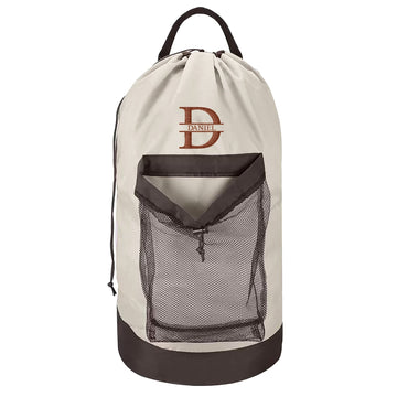 Split Monogram Embroidered Gray Laundry Bag with Adjustable Strap and Mesh Pocket - for College & Travel