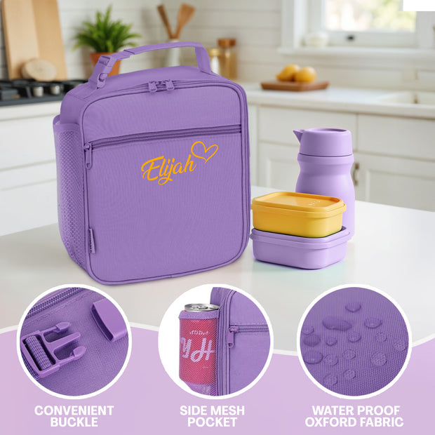 Purple lunch bag with 'Elijah' branding on a kitchen counter, surrounded by accessories.