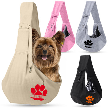 Personalized Beige Dog Sling Carrier for Small Dogs with Name - Customized Pet Sling Carrier – Custom Hands Free Doogie Sling Chest Wrap