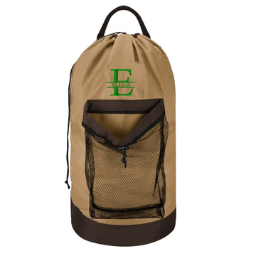 Split Monogram Embroidered Brown Laundry Bag with Adjustable Strap and Mesh Pocket - for College & Travel