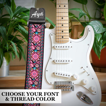 Custom Pink Woven Vintage Design Guitar Strap W/FREE BONUS- 2 Picks + Strap Locks + Strap Button. Best Gift For Bass, Electric & Acoustic Guitars