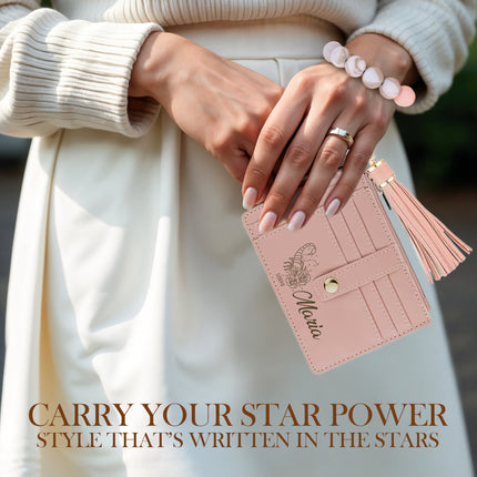 custom wallet wristlet for women slim card holder with personalized name and zodiac sign engraving keychain bracelet snap button closure