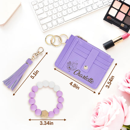 custom wallet wristlet for women slim card holder with personalized name and zodiac sign engraving keychain bracelet snap button closure