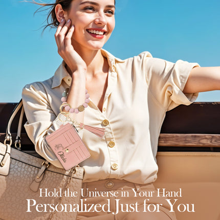 custom wallet wristlet for women slim card holder with personalized name and zodiac sign engraving keychain bracelet snap button closure