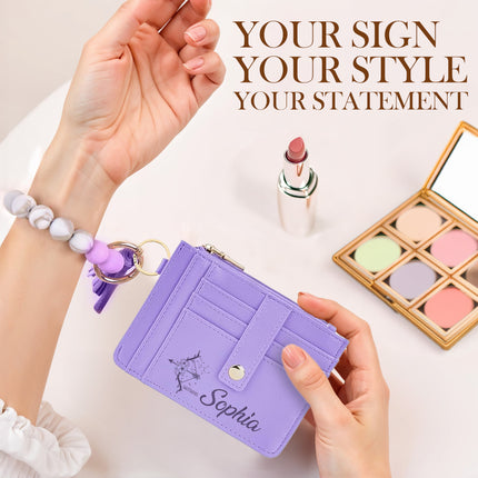 custom wallet wristlet for women slim card holder with personalized name and zodiac sign engraving keychain bracelet snap button closure