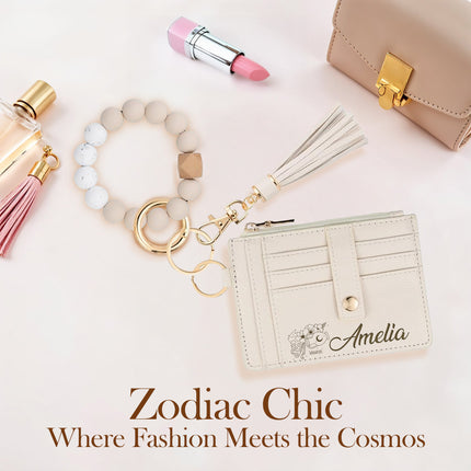custom wallet wristlet for women slim card holder with personalized name and zodiac sign engraving keychain bracelet snap button closure