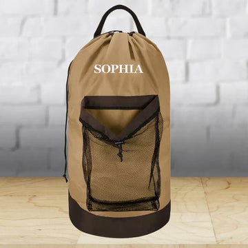 Personalized Embroidered Brown Laundry Bag Heavy Duty For College, Customize University Bag
