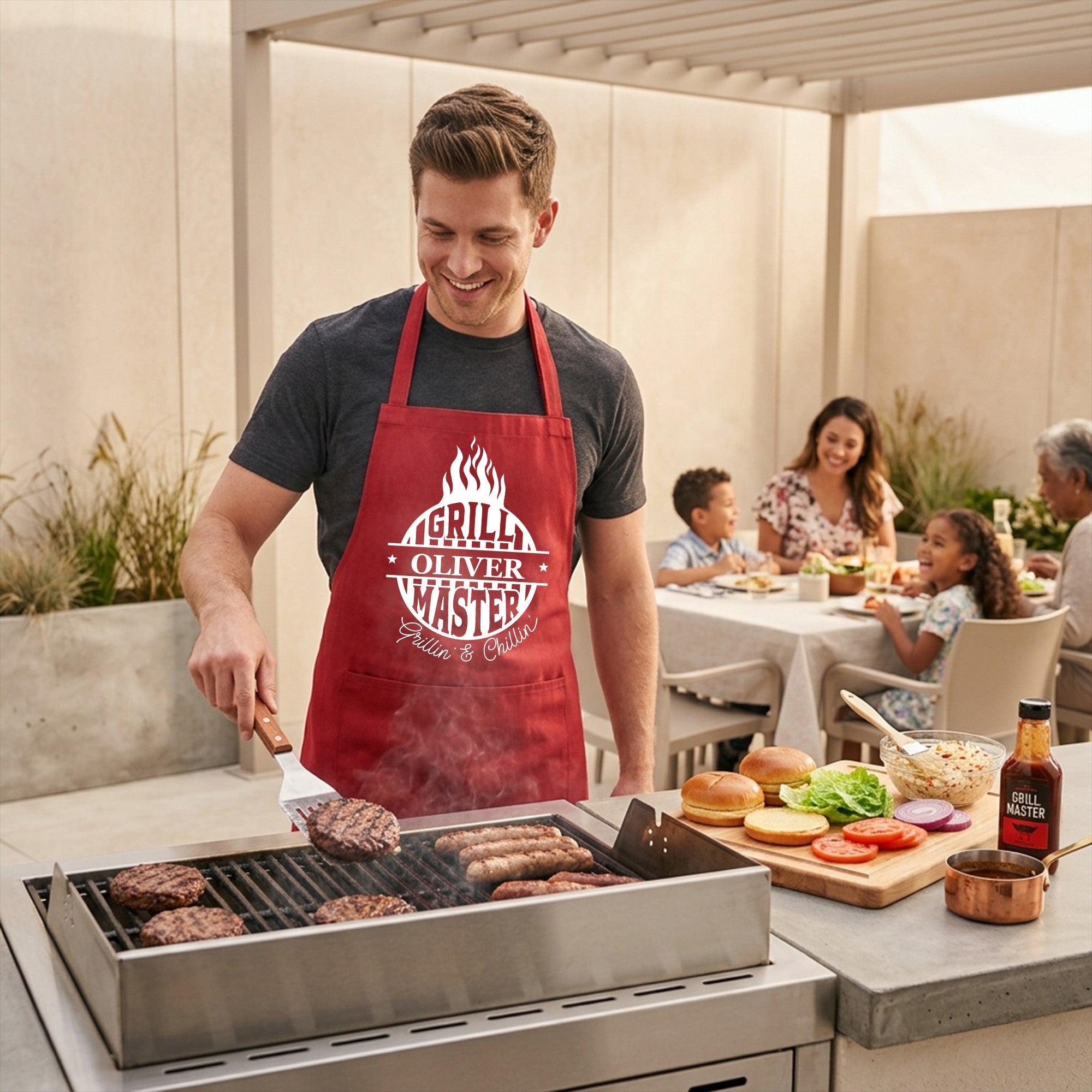 Personalized BBQ grill apron with custom embroidered name worn at the grill