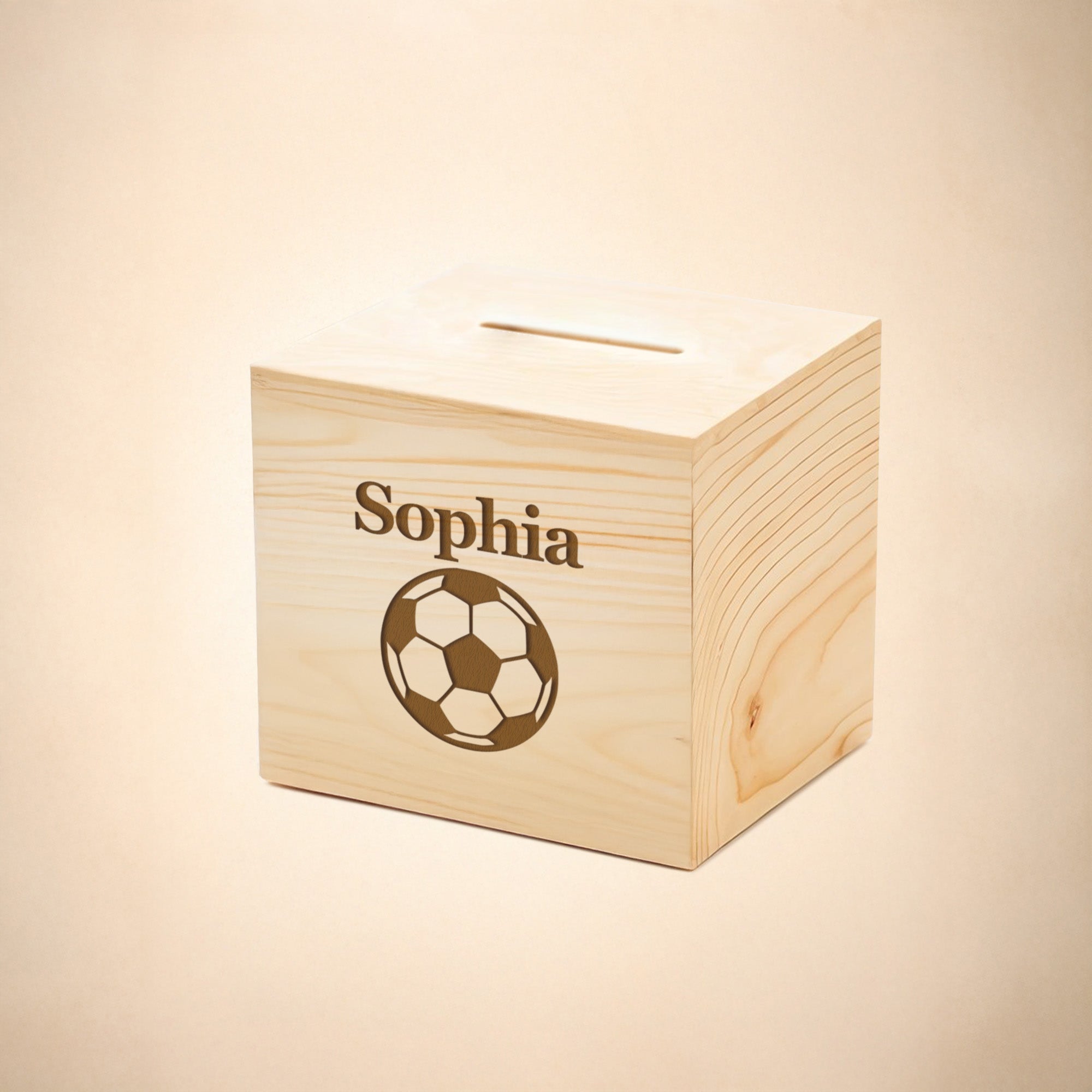 Personalized wooden piggy bank with a child's custom name for teaching kids to save money