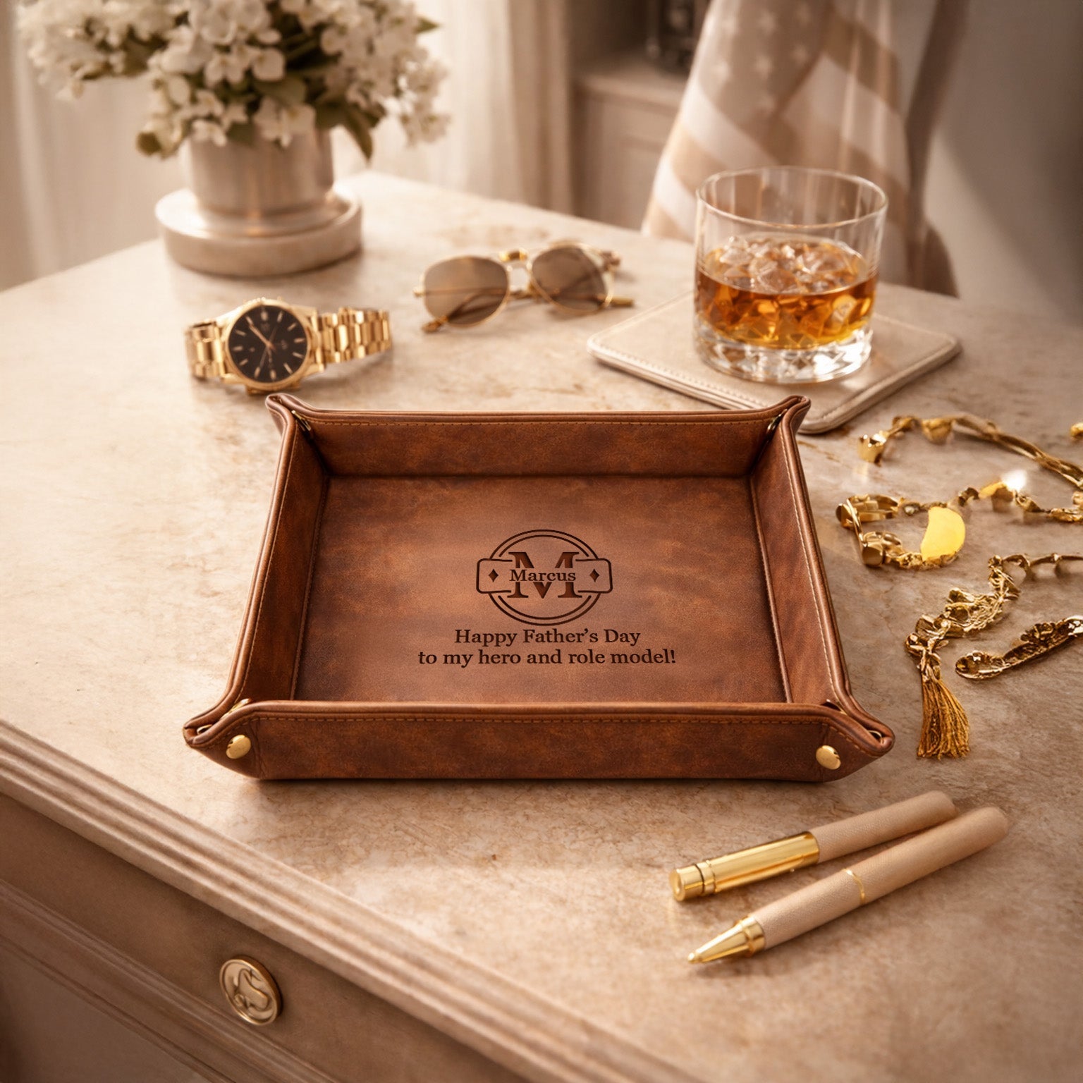 Personalized engraved leather valet tray flat-lay with watch and accessories — Father's Day gift by Custom Empire