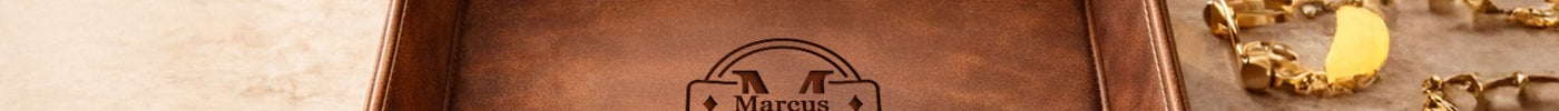 Personalized engraved leather valet tray flat-lay with watch and accessories — Father's Day gift by Custom Empire