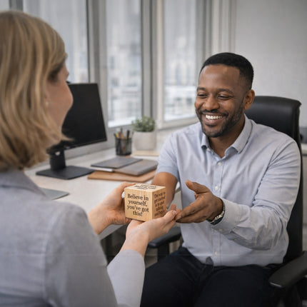 Two people in an office setting with one person handing a wooden box to the other.