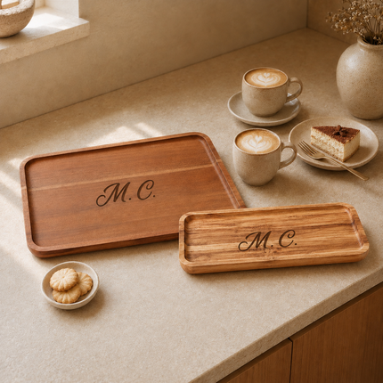 Personalized Acacia Wood Serving Tray Set of 2 with Engraved Name