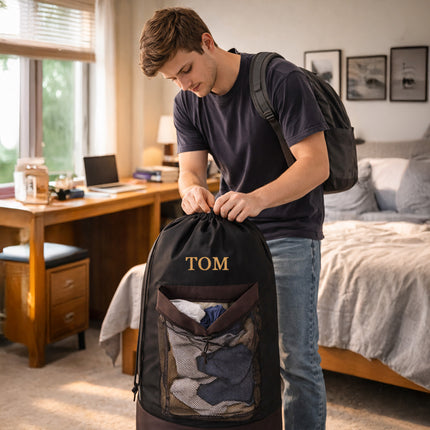 Person packing a black drawstring bag labeled 'TOM' in a bedroom.