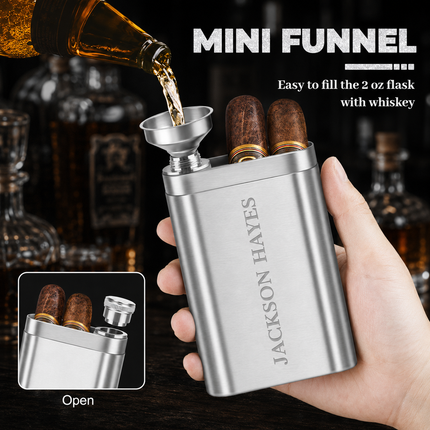 Custom Engraved Cigar Case – Personalized Stainless Steel Travel Set with Flask