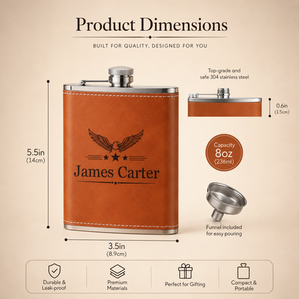 Engraved Whiskey Flask Gift Set – Personalized Leather Wrapped Stainless Steel Flasks