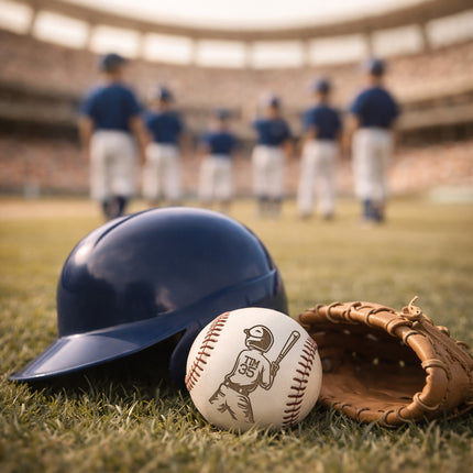 Baseball helmet, ball, and glove on grass with blurred players in the background