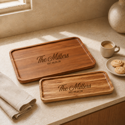 Personalized Acacia Wood Serving Tray Set of 2 with Engraved Name