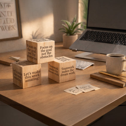 Wooden blocks with motivational phrases on a desk with a laptop and coffee cup.