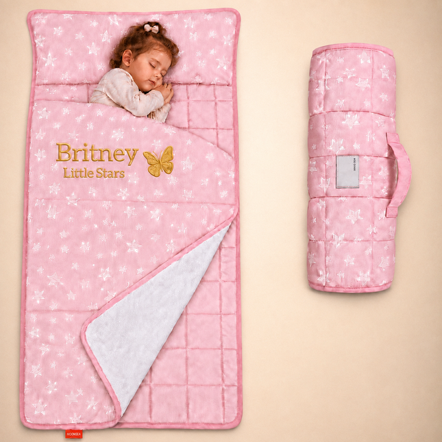 Personalized Toddler Nap Mat with Embroidered Name, Nap Mat with Pillow & Blanket, 100% Cotton