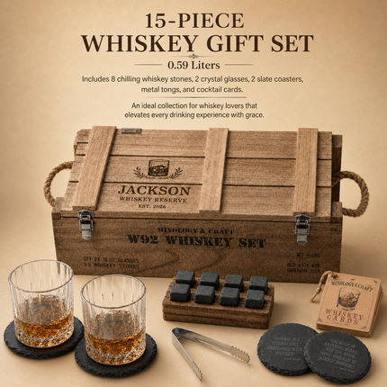 Personalized Whiskey Box Set – Engraved Name Bourbon Gift with Crystal Glasses
