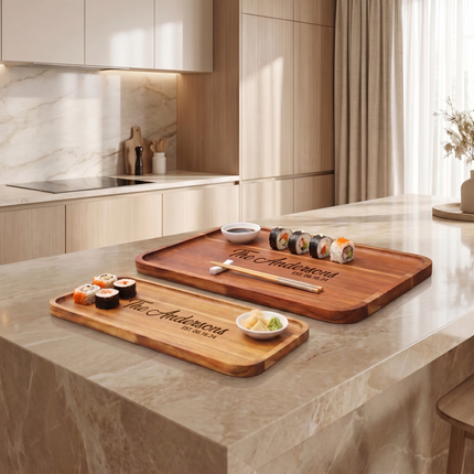 Personalized Acacia Wood Serving Tray Set of 2 with Engraved Name