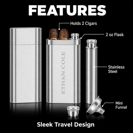 Custom Engraved Cigar Case – Personalized Stainless Steel Travel Set with Flask