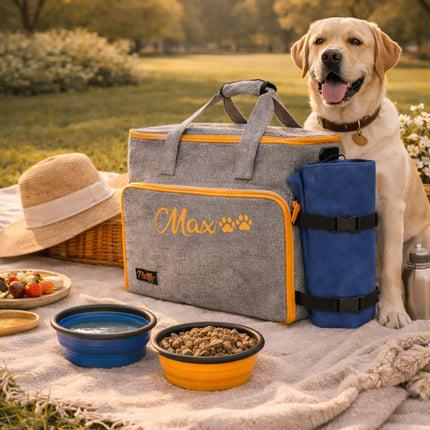 Dog with picnic setup including a bag, mat, bowls, and food in a park setting.