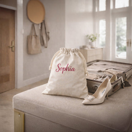 Personalized Embroidered Shoe Pouch – Drawstring Travel Bag