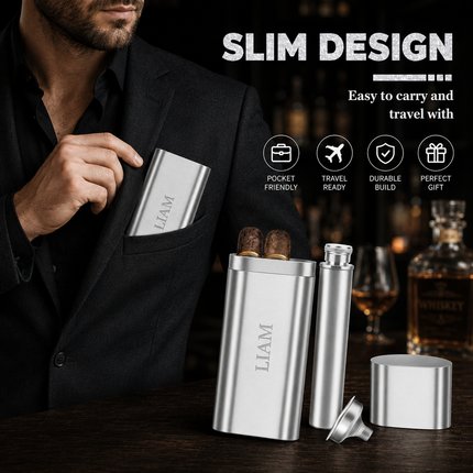 Custom Engraved Cigar Case – Personalized Stainless Steel Travel Set with Flask