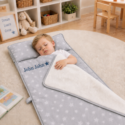 Personalized Toddler Nap Mat with Embroidered Name, Nap Mat with Pillow & Blanket, 100% Cotton