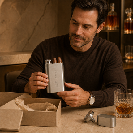 Custom Engraved Cigar Case  Personalized Stainless Steel Travel Set with Flask