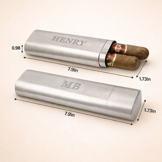 Two silver cigar cases with cigars inside, labeled 'HENRY' and 'MB', on a beige background.