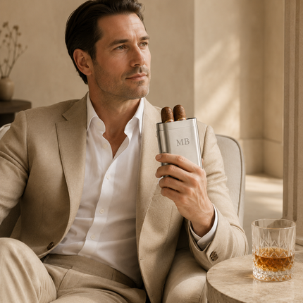 Custom Engraved Cigar Case  Personalized Stainless Steel Travel Set with Flask