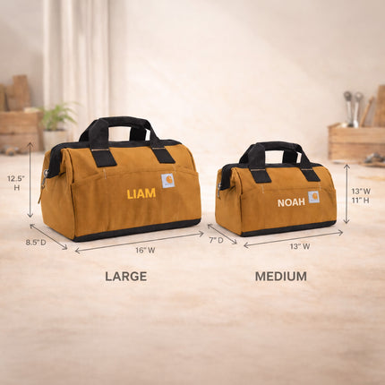 Two tool bags, one large and one medium, with dimensions and brand names displayed.