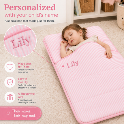 Personalized Toddler Nap Mat with Embroidered Name, Nap Mat with Pillow & Blanket, 100% Cotton