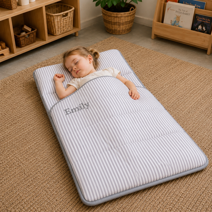 Personalized Toddler Nap Mat with Embroidered Name, Nap Mat with Pillow & Blanket, 100% Cotton