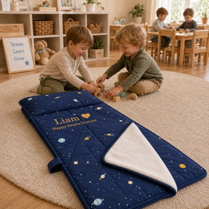 Personalized Toddler Nap Mat with Embroidered Name, Nap Mat with Pillow & Blanket, 100% Cotton