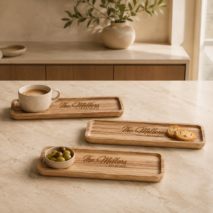 Personalized Acacia Wood Serving Tray Set 14 x 5.5 In with Engraved Name