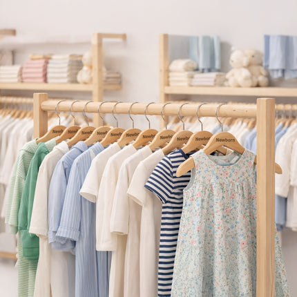 Children's clothing on wooden hangers in a store setting