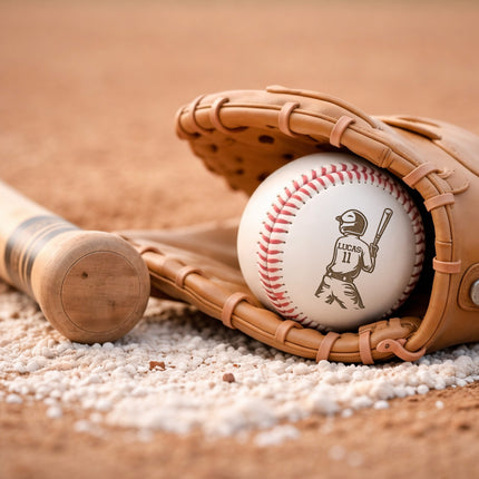 Baseball with a player illustration in a glove on a dirt surface