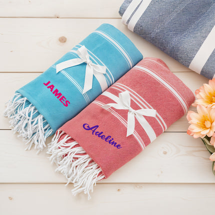 personalized beach towel light blue and pink
